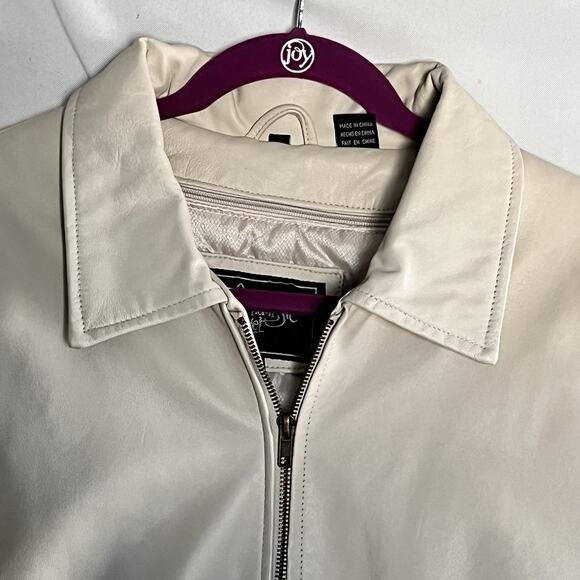 Women Leather Jacket Cream Genuine Leather Moto Zip In/Out Lining Pockets SZ L - Picture 2 of 14